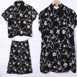 Vintage 90s Nygard 2-pc Set Tropical Shirt Skirt Ladies-12P Dark Navy Floral